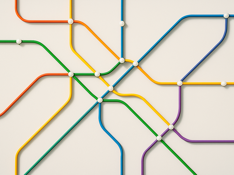 Eine Karte aus mehrfarbigen Linien und Knotenpunkte zur visuellen Darstellung eines Vertriebsnetzes